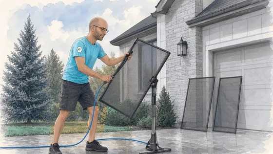 Pintura en tinta y acuarela de Bryan lavando un mosquitero sobre un soporte en la entrada de una casa